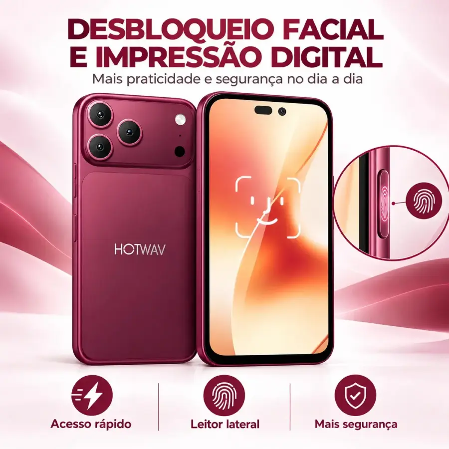 Desbloqueio facial e leitor de digital na lateral